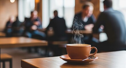 Hot beverage enjoyment at relaxed cafe setting with business discussions ongoing