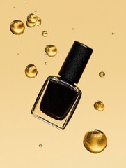 Floating black nail polish bottle with gold droplets on warm background, premium holiday visuals for branding, marketing, and digital design