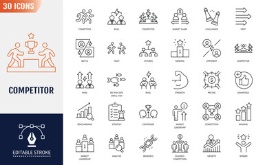 Competitor icon set. competition, opponent, market leader, advantage, strengths, weakness, comparison and ranking. Editable stroke. Vector illustration