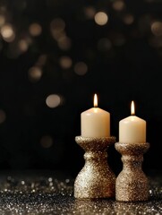 Two glitter candles on shimmering surface with dark festive bokeh, editorial holiday assets for luxury branding and creative marketing