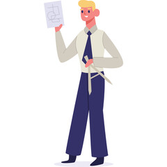 Male Architect Holding Blueprint and Compass Tool Standing Against White Background with Light Blue Pants and White Shirt