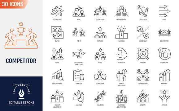 Competitor icon set. competition, opponent, market leader, advantage, strengths, weakness, comparison and ranking. Editable stroke. Vector illustration