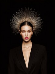 Fashion portrait with golden halo crown and black tailored suit, editorial holiday assets for luxury branding and creative marketing