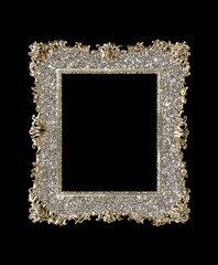 Silver glitter square frame with gold ornate edges on black background, editorial holiday assets for luxury branding and creative marketing