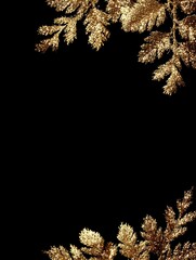 Gold glitter foliage corners on black background for elegant festive layouts, premium holiday visuals for branding, marketing, and digital design