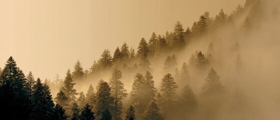 Golden misty forest landscape with warm atmospheric light, luxury festive content for holiday branding, advertising, marketing, and design
