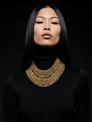 Portrait with gold layered necklace and black turtleneck, holiday content for luxury branding, advertising, and digital design