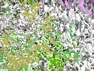 Abstract composition with layered organic shapes in green, beige, gray, and hints of pink, creating a chaotic yet artistic texture resembling foliage or camouflage.