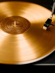 Closeup of spinning gold vinyl record on turntable, luxury festive background content for holiday branding, advertising, marketing, and design