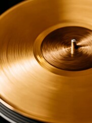 Extreme closeup of metallic gold record spinning on turntable, premium holiday visuals for branding, marketing, and digital design