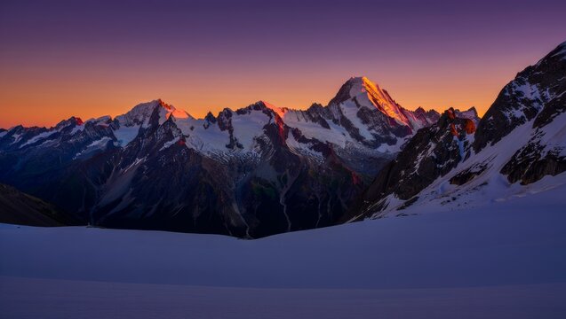Wide panoramic shot of majestic snow-capped mountain peaks illuminated by bright orange alpenglow during sunrise against a deep purple sky
 - Powered by Adobe