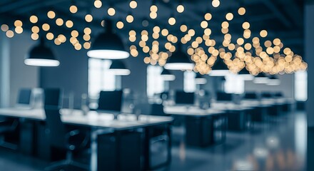 Illuminated collaborative workspace featuring stylish lighting and minimalist design emphasizing