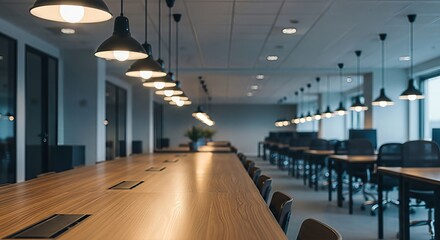 Illuminated collaborative workspace showcasing modern office environment design