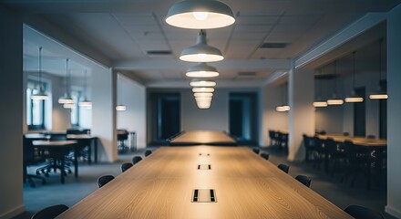 Illuminated corporate boardroom featuring a long conference table and modern lighting fixtures