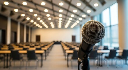 Illuminated conference room with microphone poised for insightful discussions