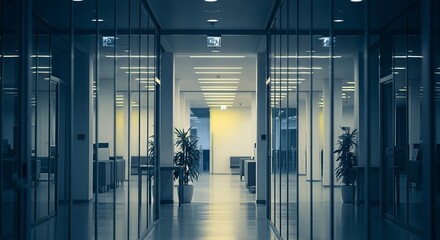 Illuminated corridor view in a modern architectural office building design style