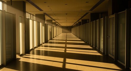 Illuminated corridor perspective with long shadows and symmetric architectural design