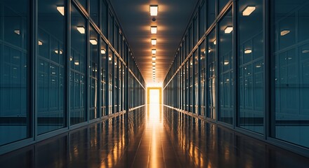 Illuminated corridor with perspective view and gleaming floor in a modern interior space