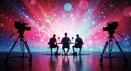 Illuminated talk show stage setup with silhouettes of guests and professional cameras