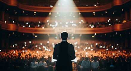 Illuminating leadership: a speaker addressing a captivated audience in grand hall