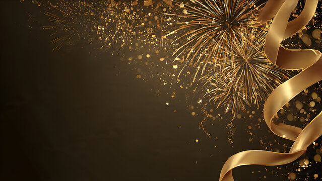 Rich celebration template with spectacular gold fireworks display and flowing luxury ribbons design