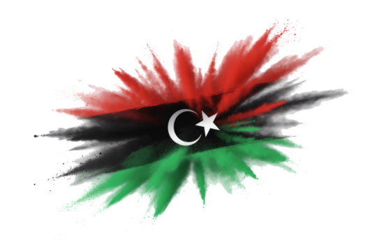 Libya flag in powder explosion with vibrant red green and black colors symbolizing national pride and celebration on transparent