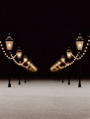 Row of classic street lamps with festoon lights creating elegant holiday pathway, holiday content for luxury branding, advertising, and digital design