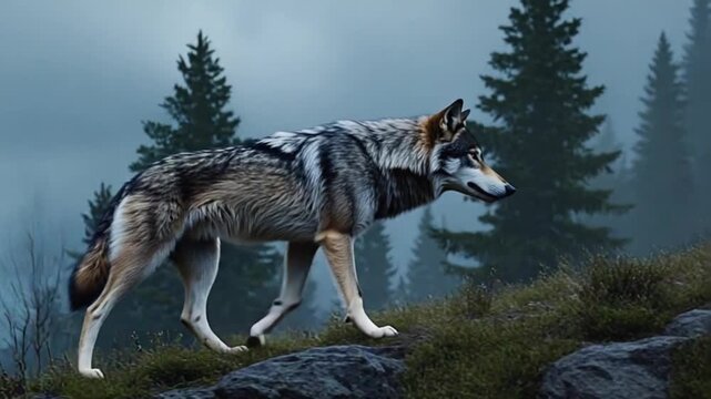 A wolf walking on a grassy hill with trees and a foggy background in a scenic environment wolf video