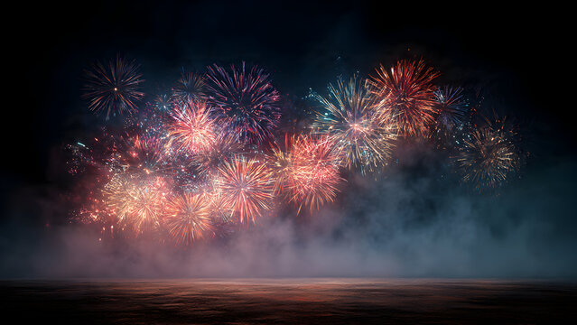 Ultra-realistic celebration display with colorful firework bursts positioned high and wide dark unoccupied space at bottom ideal for copy, brilliant colors, professional photography, dramatic lighting