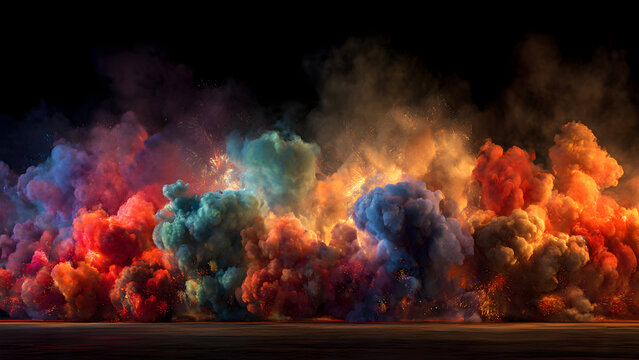 Ultra-realistic festive pyrotechnics featuring colorful explosions positioned high leaving massive dark canvas at bottom for text overlay, stunning visual effects, dramatic lighting, premium quality