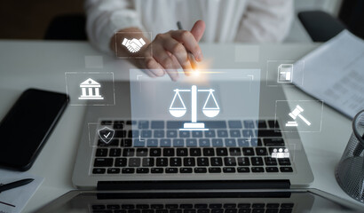 Legal compliance and governance concept showing justice scale, courthouse, contract, policy,...