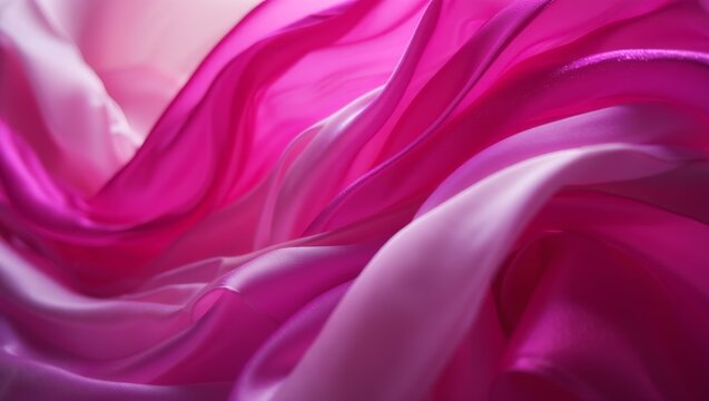 Abstract close-up of smooth magenta and pink silk fabric texture featuring elegant wavy drapes and soft lighting gradients