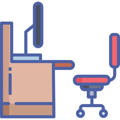 Modern Minimalist Desk and Chair Set with Computer Monitor Isolated on White Background