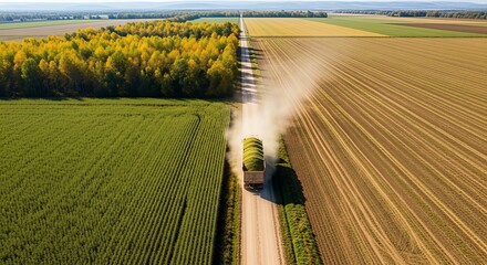 Aerial view of agricultural machinery harvesting crops in rural landscapes during fall season