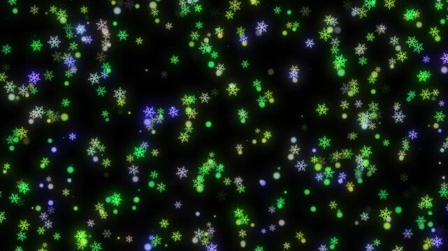 Vibrant Neon Snowflakes And Sparkling Bokeh Lights Falling On Dark Background  Seamless Festive Winter Holiday Season Loopable Animation, Colorful Glowing Snowflakes And Bokeh Particles Falling On Bla