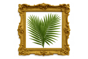 Ornate gold frame holding tropical palm frond, combining natural elegance with artistic design on transparent background