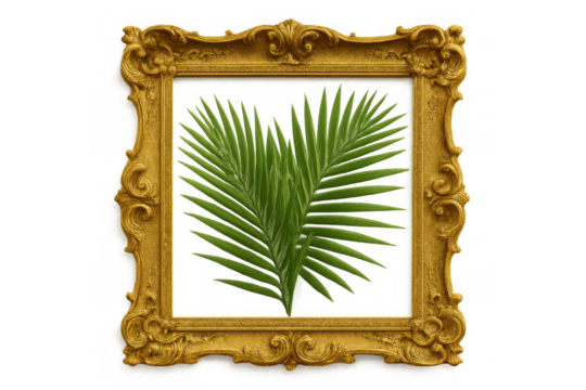 Ornate gold frame holding tropical palm frond, combining natural elegance with artistic design on transparent background