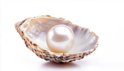 White pearl in a shell isolated on white background, macro