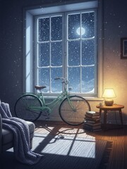 A vertical portrait, full bleed, immersive impressionist anime illustration of a cozy interior room at midnight. A vintage-style bicycle, painted in a soft pastel mint green, leans gently against a te