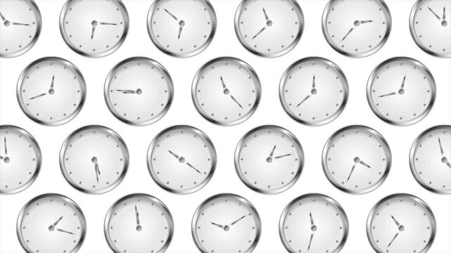 Metallic clocks spinning their hands in different directions on a white background. Video animation Ultra HD 4K 3840x2160