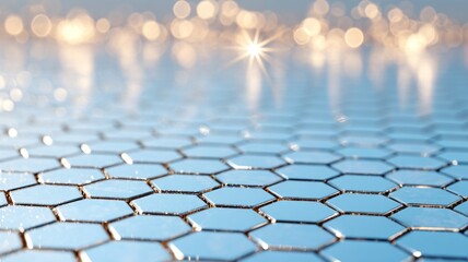 Hexagonal mirror tiles with glossy reflections and warm sparkling bokeh lights