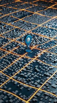 A blue location pin stands prominently on a stylized, abstract cityscape with an illuminated orange grid, representing navigation or a digital map.