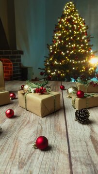 Kraft Paper Gift Box With Twine Against Bokeh Lights