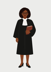 flat illustration of a black woman judge. full body, judge's uniform, advocacy, professional woman. editable vector
