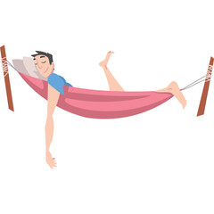 Man Relaxing in a Pink Hammock Underneath Wooden Supports With a Gray Pillow Supporting His Head on a Transparent Background