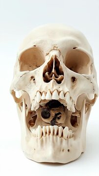 Close-up front view of a human skull with an open jaw on a white background, showing intricate bone details.