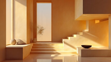 Fototapeta premium Warm, minimalist interior design with geometric shapes, bathed in golden sunlight.
