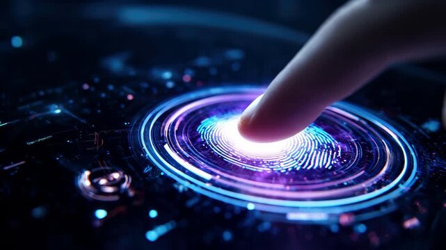 Futuristic biometric fingerprint scanner authenticating user identity on glowing digital interface - Powered by Adobe