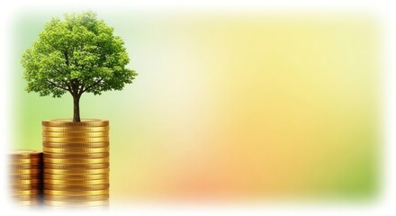 Conceptual visualization of financial growth, featuring a tree on a stack of coins