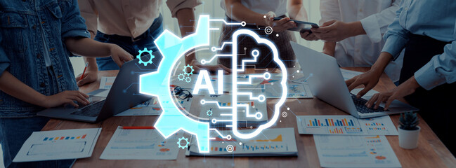 Concept of Artificial Intelligence combining industrial automation with cognitive technology. A...
